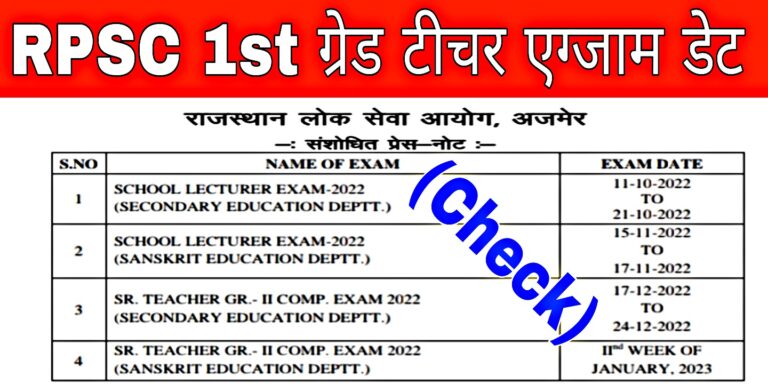 RPSC 1st Grade Teacher Exam Date 2022