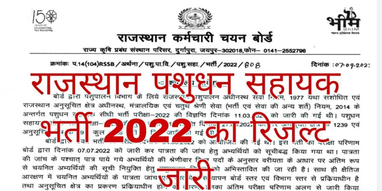 Rajasthan Pashudhan Sahayak Result 2022
