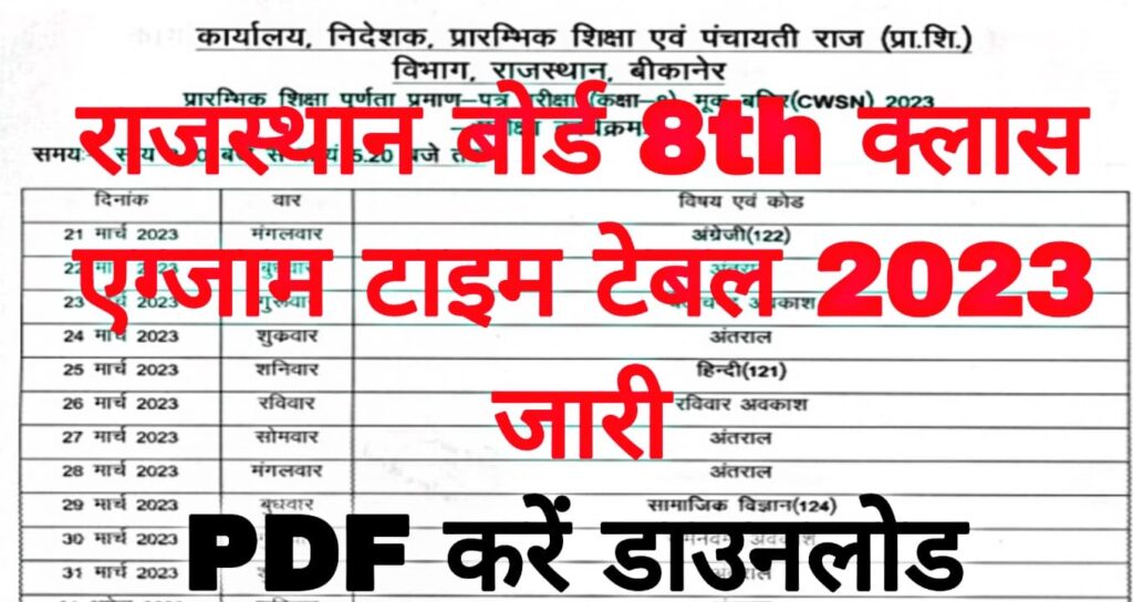 Rajasthan Board 8th Class Time Table 2023